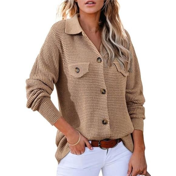 ☕ Waffle Knit Button-Down Cardigan | Soft Lightweight Shirt - Picture 4 of 4